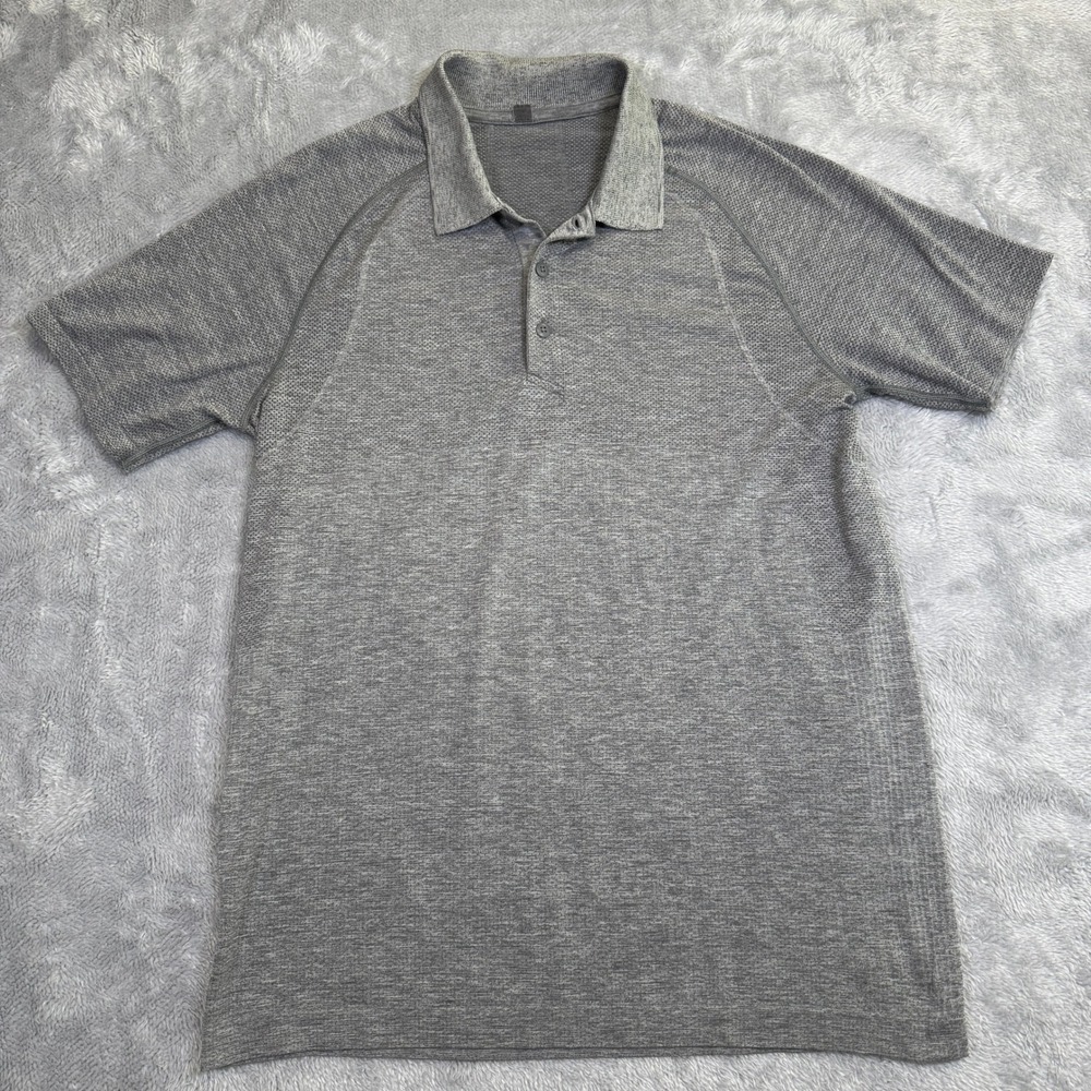 READ Lululemon Polo Mens Medium Grey Metal Vent Tech 2.0 Training Golf Stretch